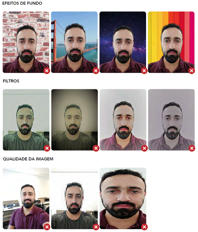 iDFace - Exemplo de fotos incorretas por efeitos de fundos, filtros e qualidade da imagem Exemplo de fotos incorretas por efeitos de fundos, filtros e qualidade da imagem