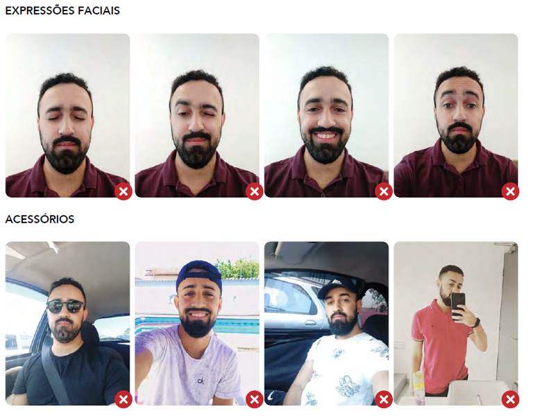 iDFace - Exemplo de fotos incorretas por expressões faciais e acessórios Exemplo de fotos incorretas por expressões faciais e acessórios