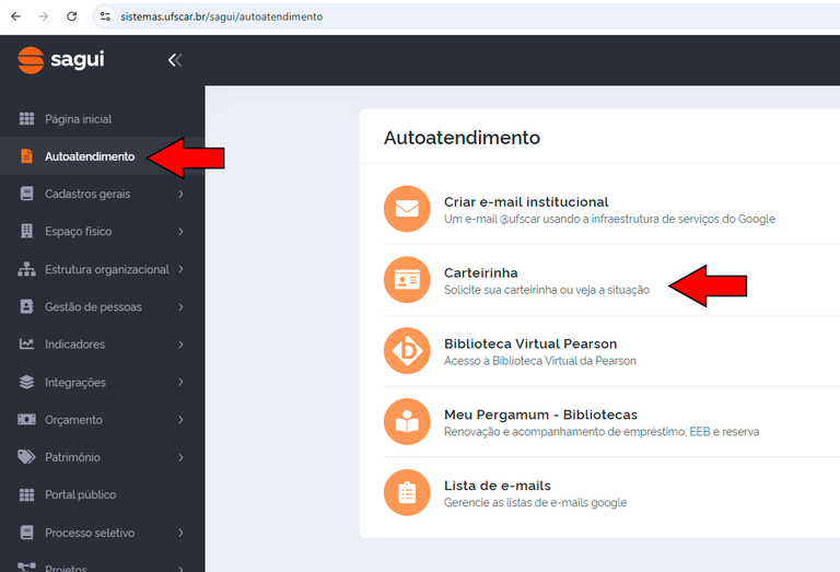 Solicitação de Carteirinha através do sistema SAGUI Tela do sistema SAGUI, indicando a localização do menu 'Autoatendimento' e a sua opção 'Carteirinha'. O item carteirinha ser acessado diretamente pelo link sistemas.ufscar.br/sagui/autoatendimento/carteirinhas